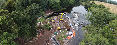 Kinnaird weir showing scheme under construction, channel leading to the fish farm on left